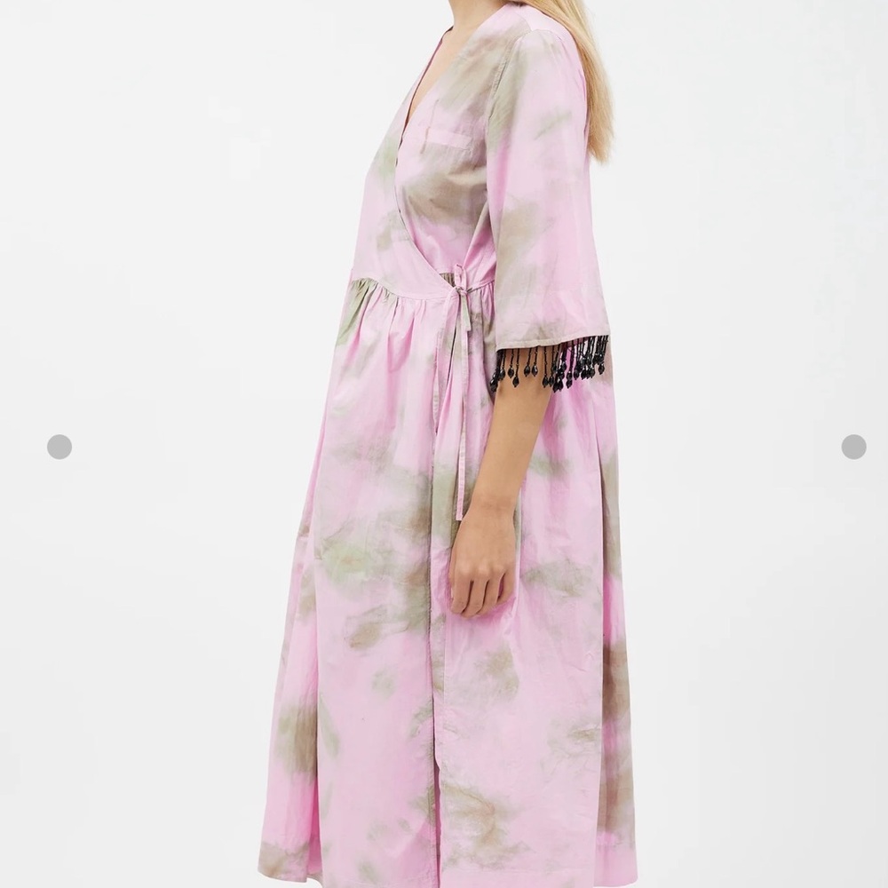 GANNI Pink Tie-Dye Wrap Midi Dress with Beaded Sleeve - Women